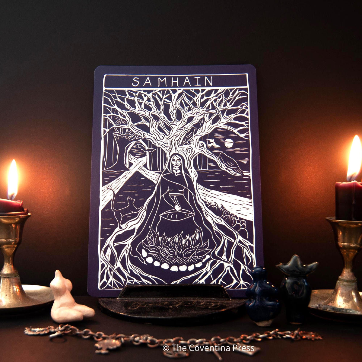 Samhain Altar Card | Wheel of the year | Linocut design