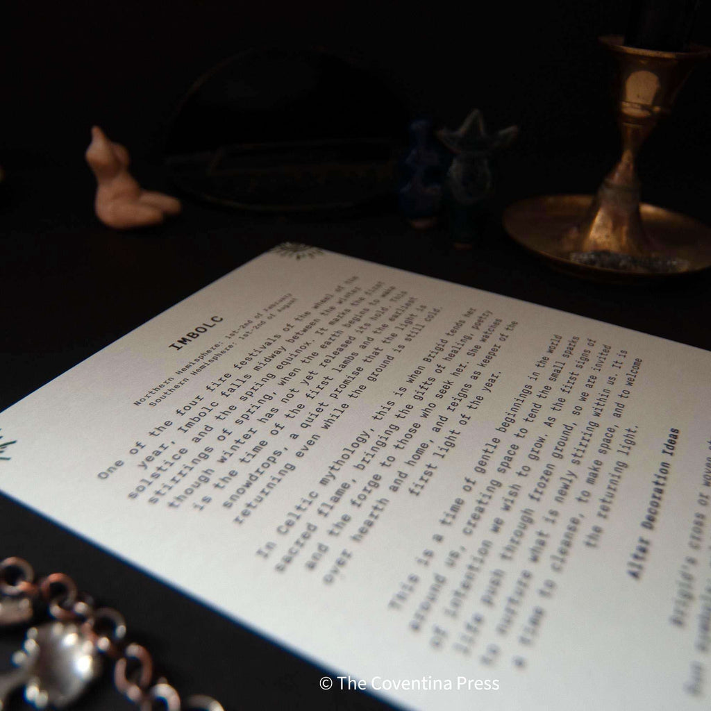 IMBOLC altar card printed on ivory cardstock with a black text layout and sabbat information on the reverse
