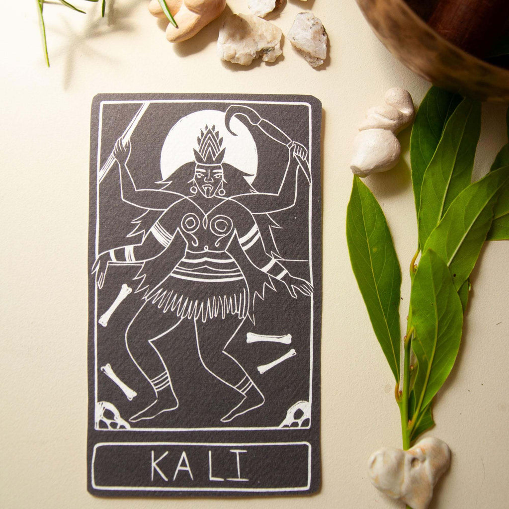 KALI ALTAR CARD with a black and cream linocut-style illustration of Kali, framed with her name below