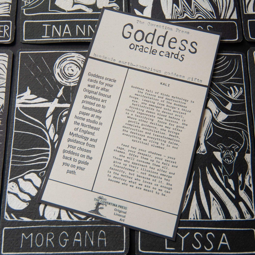KALI ALTAR CARD printed with black linocut goddess artwork on cream cotton rag card, with mythology and guidance text on reverse