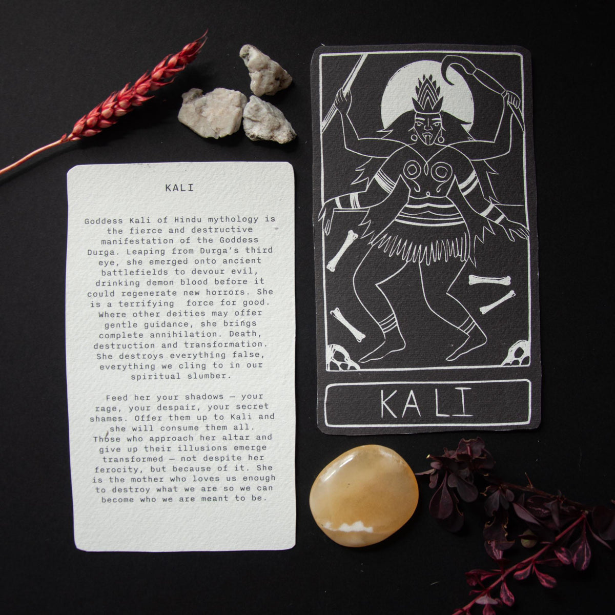 KALI ALTAR CARD with a black-and-white linocut of dancing Kali, paired with a cream mythology and guidance text card