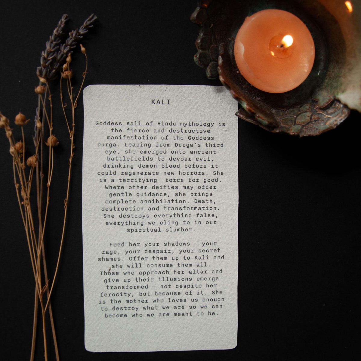 KALI ALTAR CARD showing a cream cotton rag card printed with black text about the goddess Kali