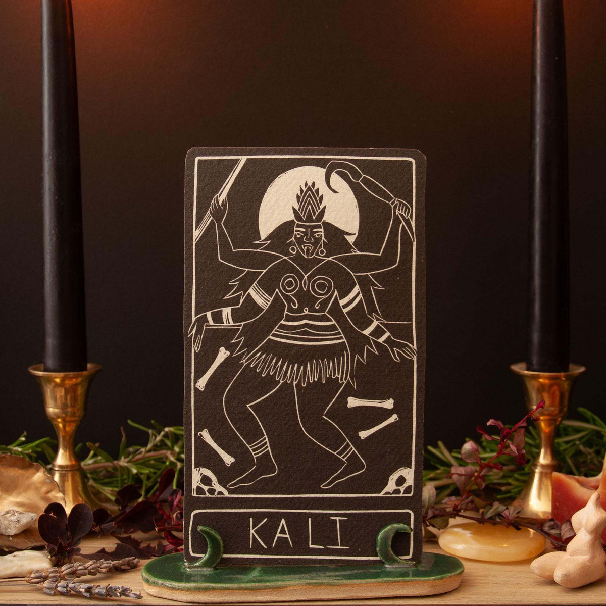 KALI ALTAR CARD with a cream linocut-style Kali figure and lettering on a dark brown card