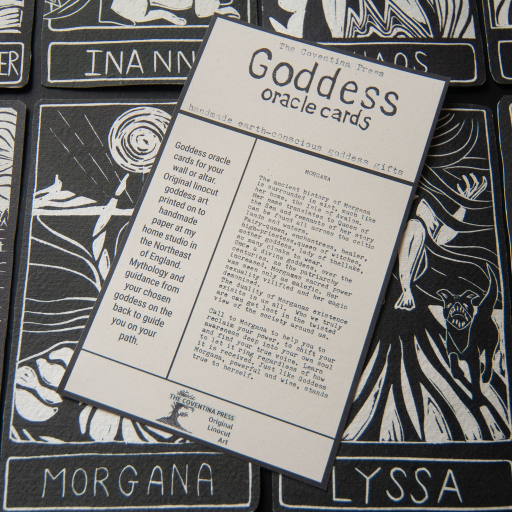 MORGANA ORACLE CARD with a black and cream linocut goddess design, printed text, and a handmade cotton rag card finish