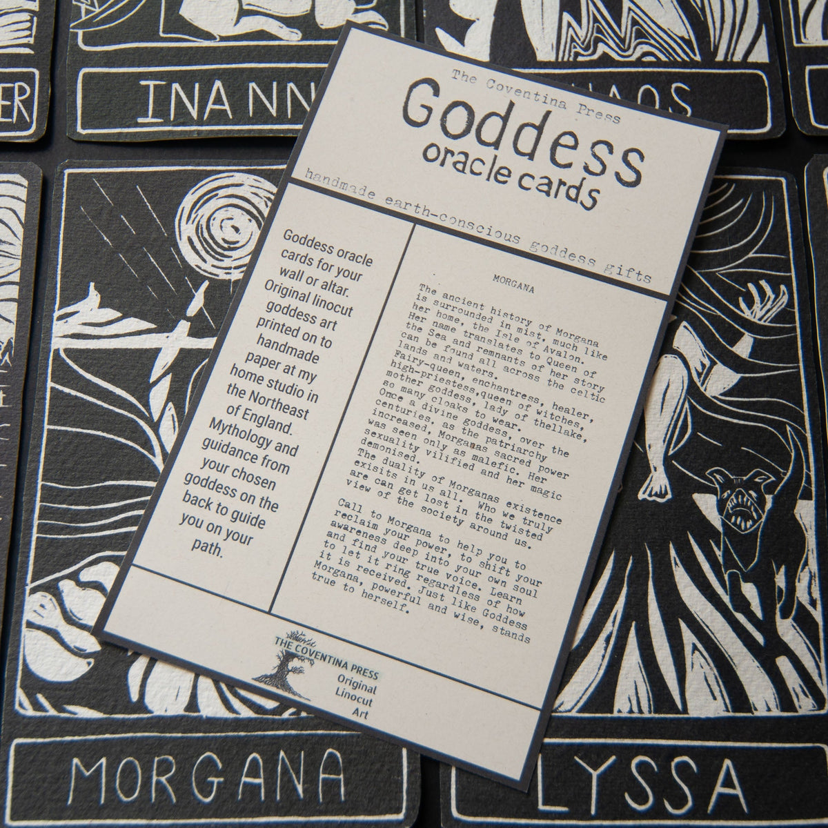 MORGANA ORACLE CARD with a black and cream linocut goddess design, printed text, and a handmade cotton rag card finish