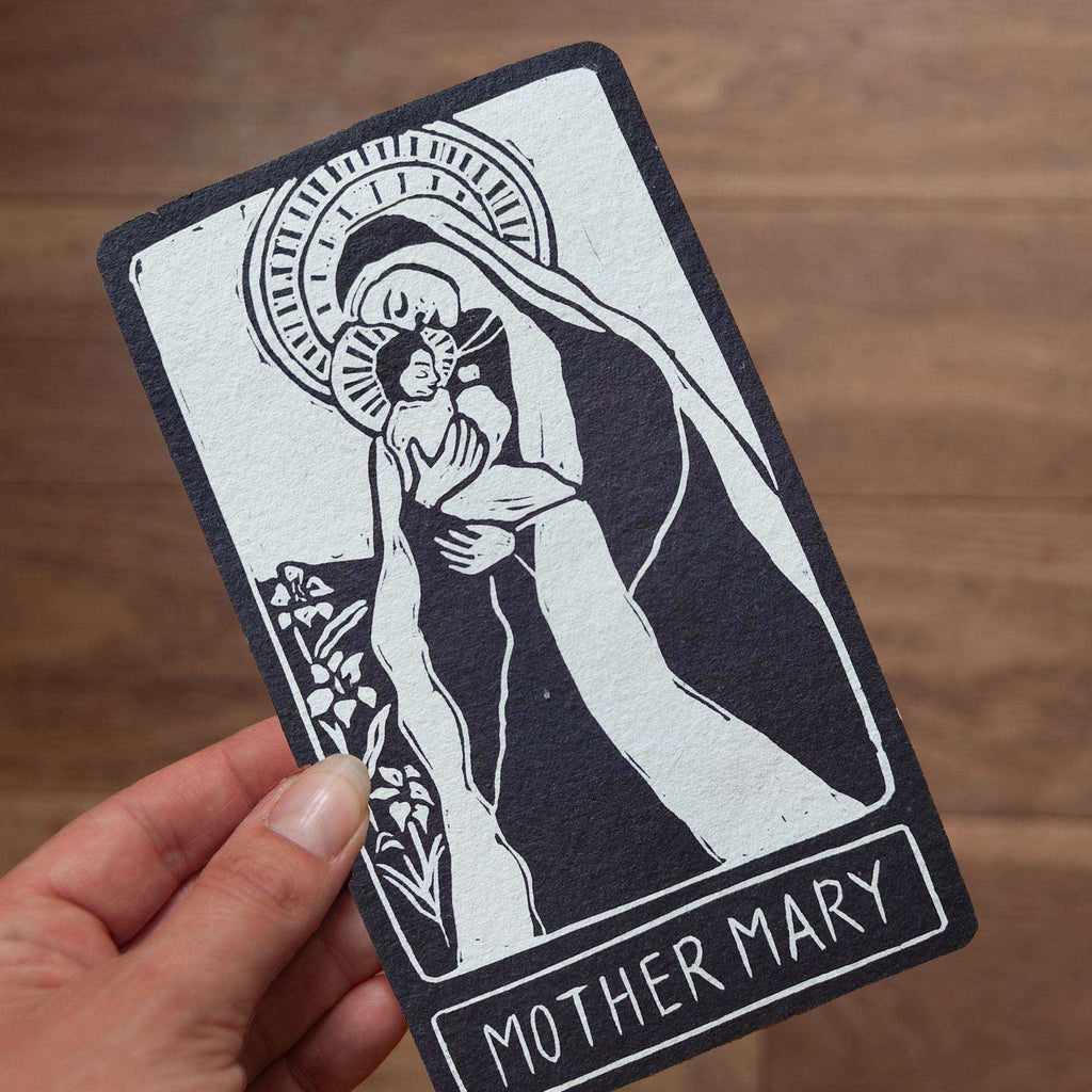 MOTHER MARY ALTAR CARD in textured cotton rag, featuring a black-and-white linocut of Mary holding a child