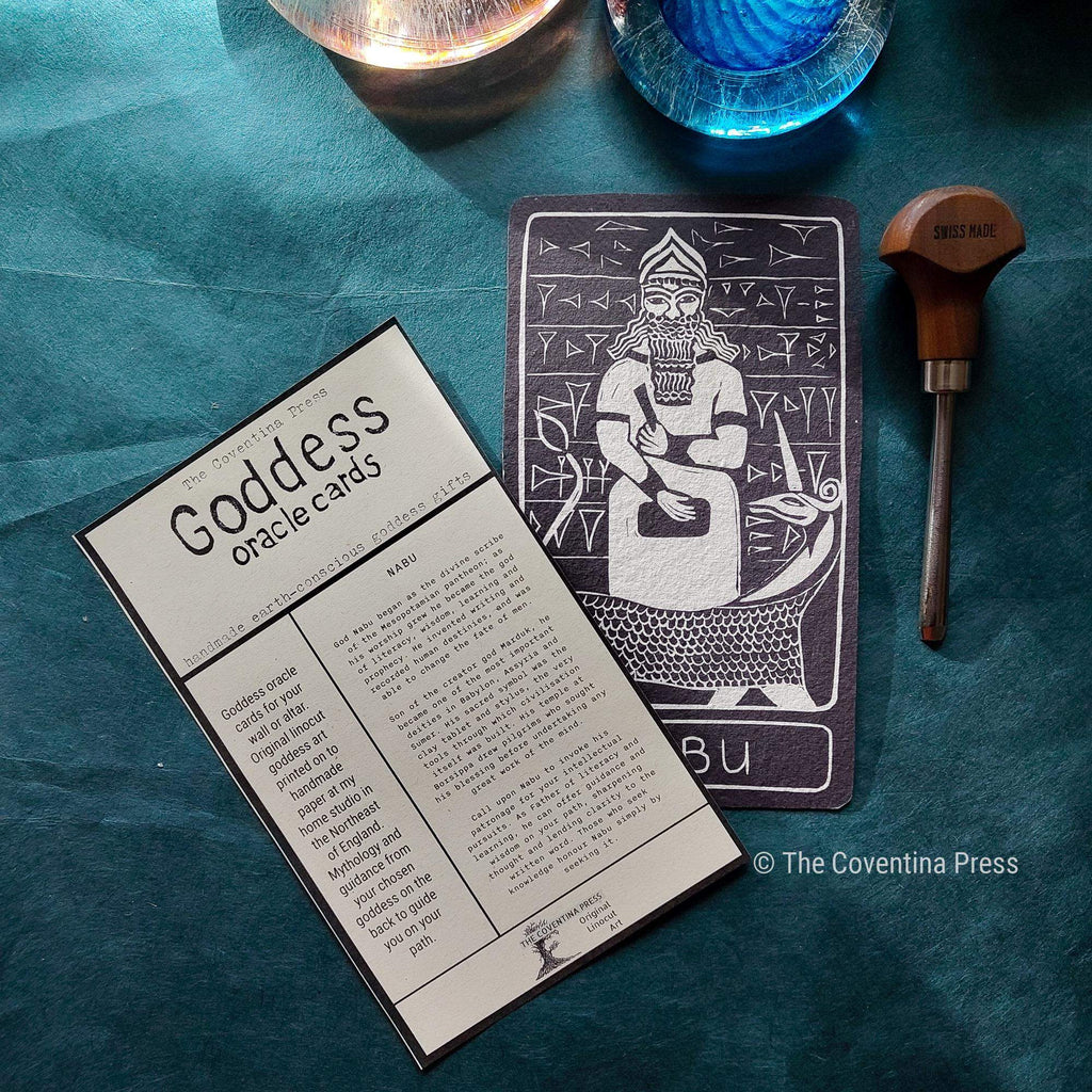 NABU ALTAR CARD with a black and white linocut figure, geometric motifs and printed deity guidance on the reverse