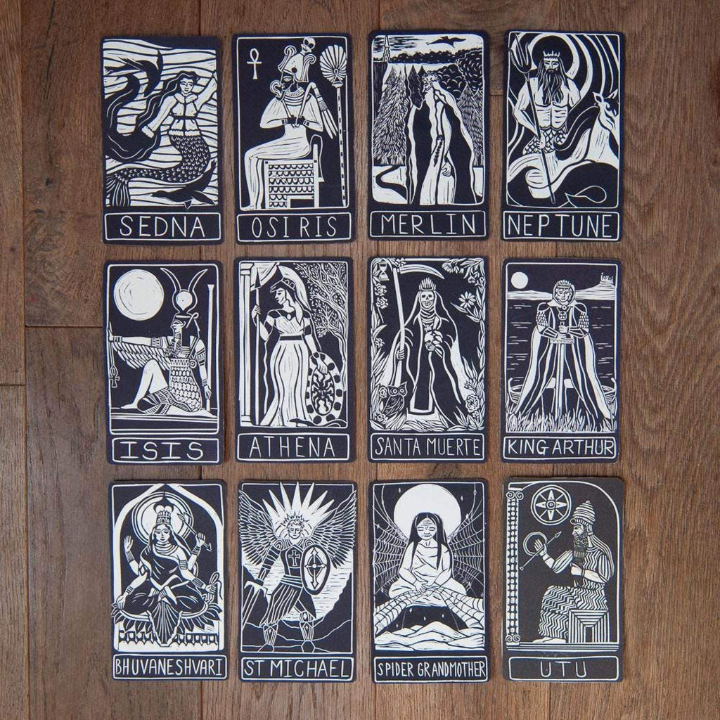 NABU ALTAR CARD of the seated deity Nabu, shown in a black-and-white linocut on a rectangular card