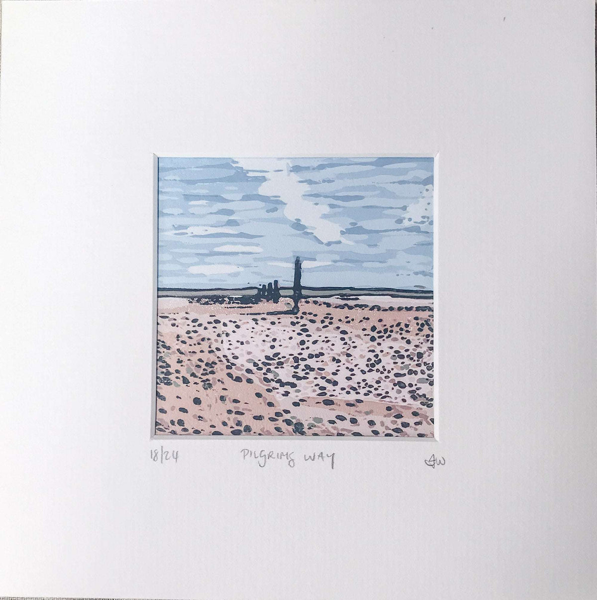 PILGRIM'S WAY linocut print showing a pebble-strewn coastal path, fence and cloudy blue sky in muted tones