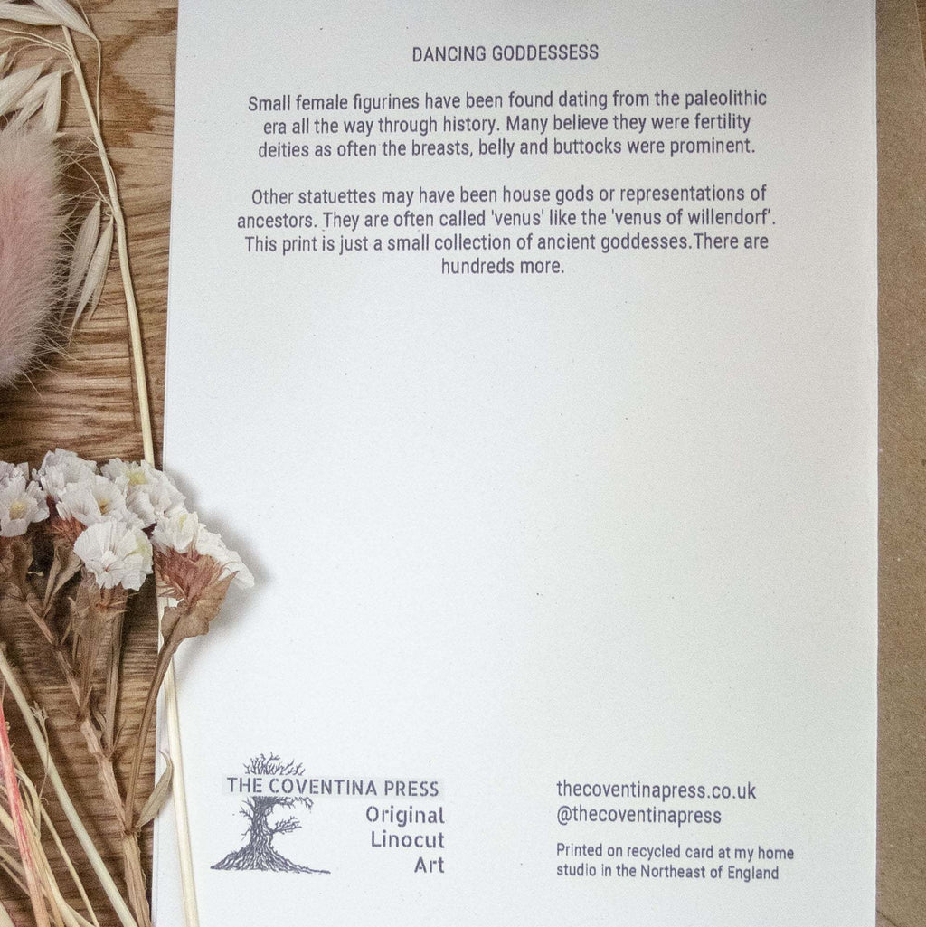 PREHISTORIC GODDESS GREETING CARD, cream recycled cardstock with printed text about ancient figurines and a linocut press logo.