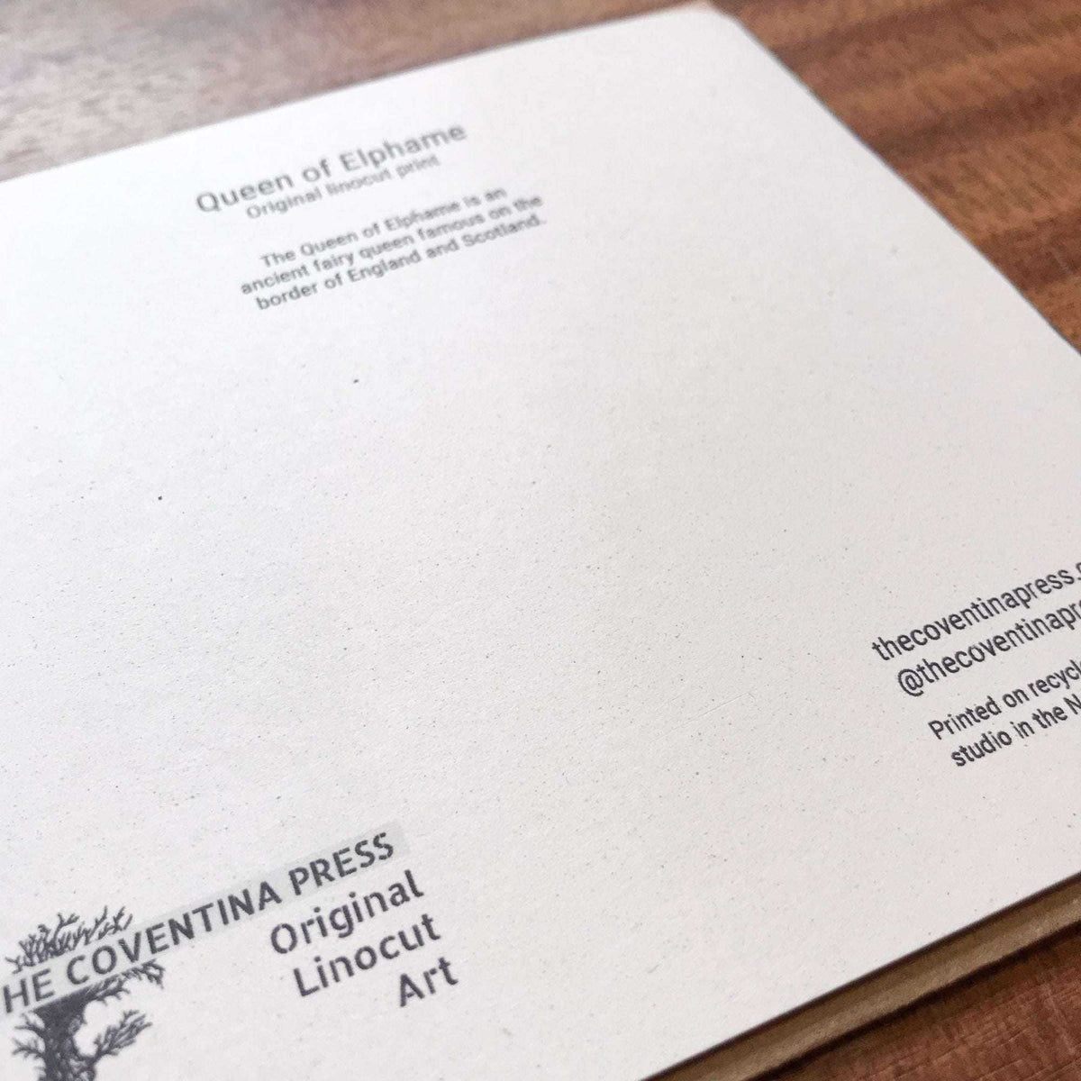 QUEEN ELPHAME greeting card in speckled off-white recycled card, with black text describing the folklore queen