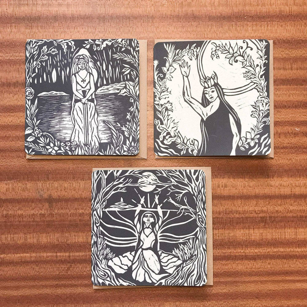 QUEEN ELPHAME greeting card set with three black and white linocut faery figures on square speckled card
