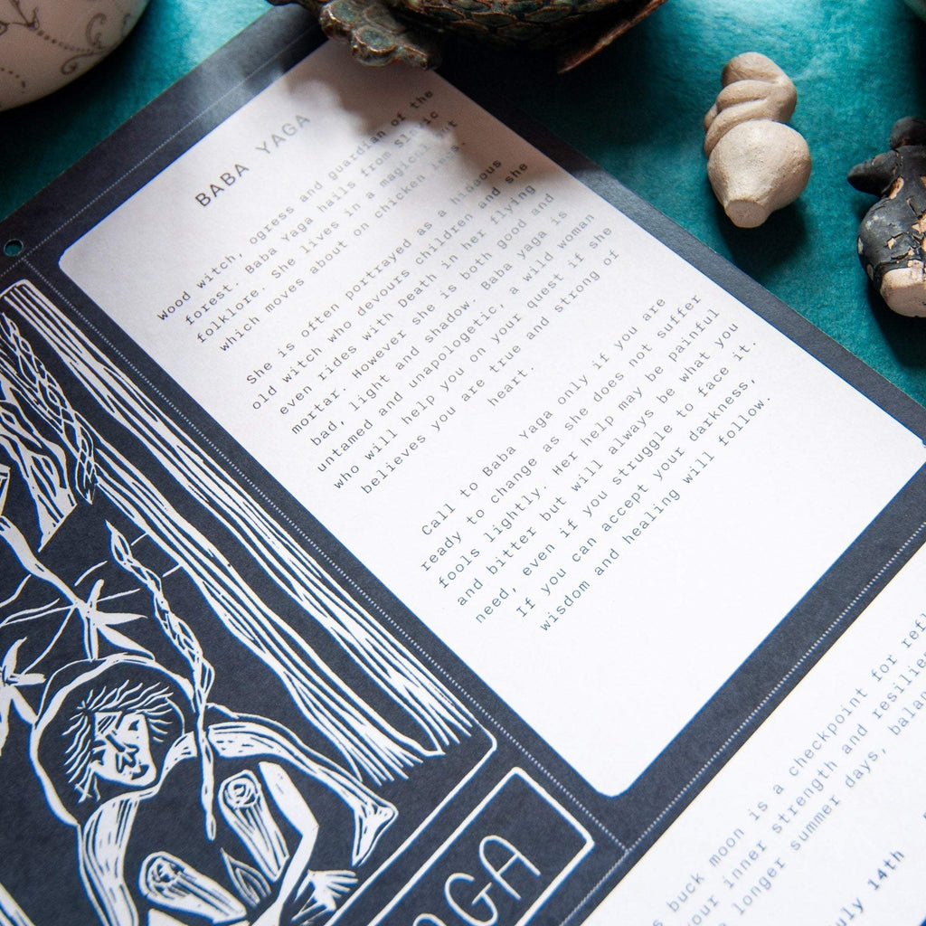 SACRED WITCH calendar page with black-and-white linocut goddess artwork, printed guidance text and a dark border