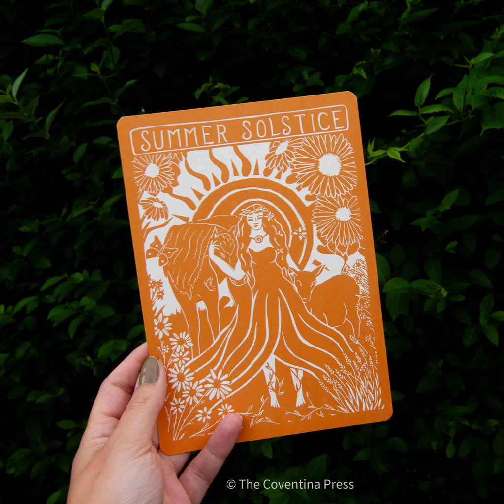 SUMMER SOLSTICE altar card in orange with a white linocut-style illustration of a woman, deer, sun and flowers