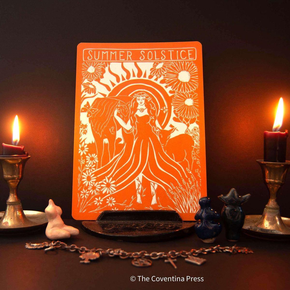 SUMMER SOLSTICE altar card with an orange linocut print of a flowing-robed woman, sun rays and flowers