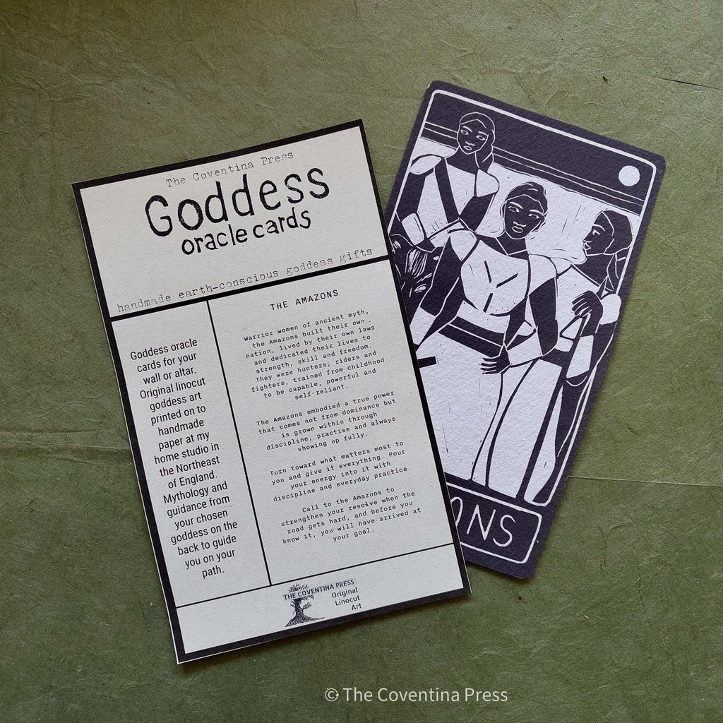 THE AMAZONS ALTAR CARD, black and white oracle card with a linocut of three warrior women and printed mythic guidance
