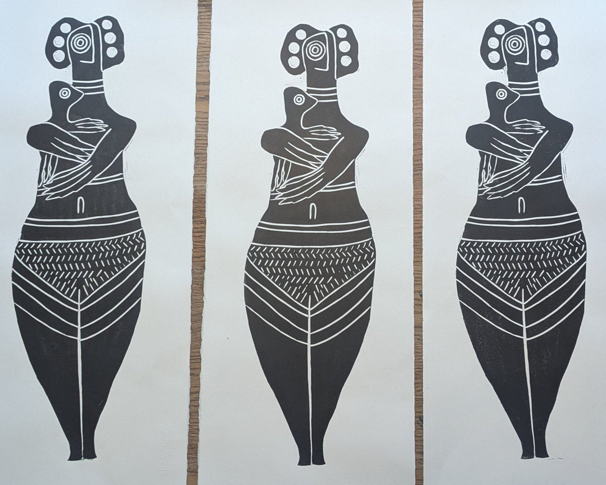 THE BIRD HEADED MOTHER linocut print in black, featuring a patterned bird-headed figure holding a small child