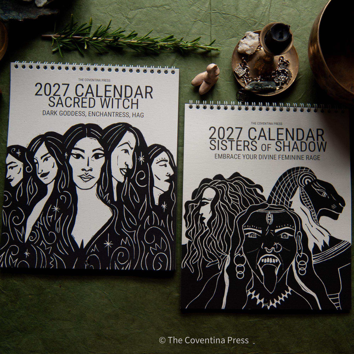 WILD WOMEN CALENDAR pair of black-and-white spiral wall calendars with bold goddess linocut artwork and 2027 dates
