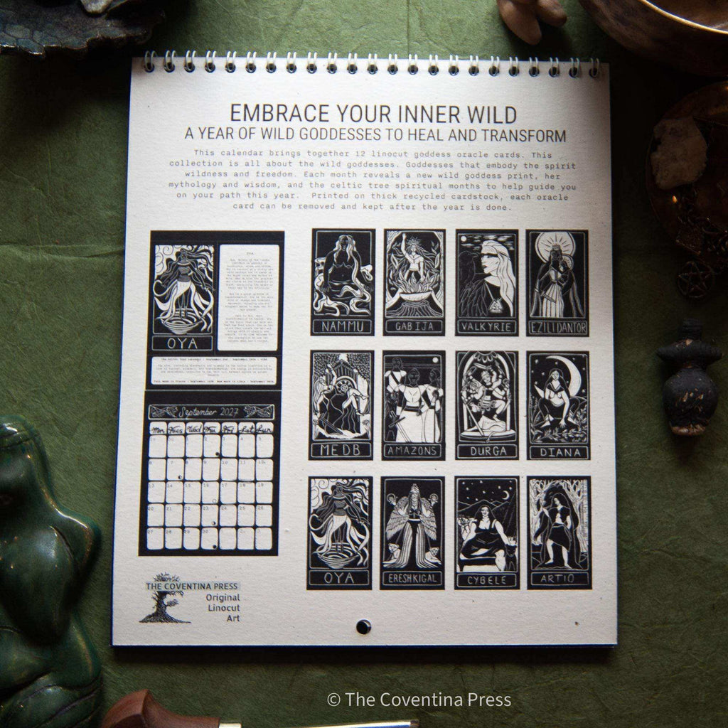 WILD WOMEN CALENDAR wall calendar with cream recycled paper, metal spiral binding and black linocut goddess artwork