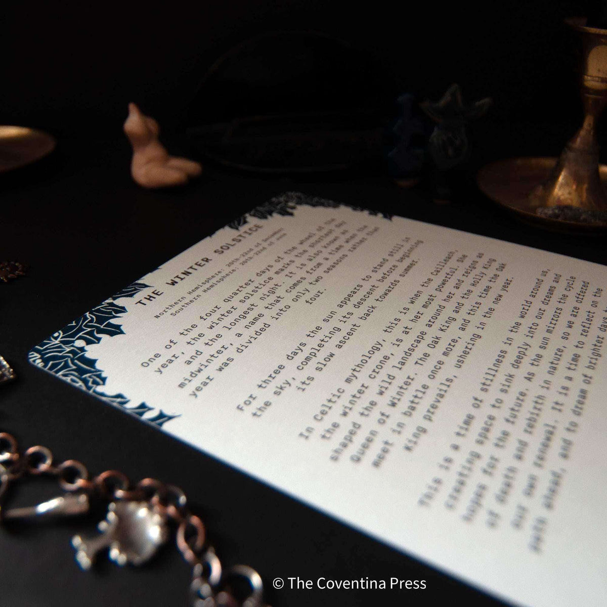 WINTER SOLSTICE altar card with cream paper, dark blue decorative border and printed midwinter text
